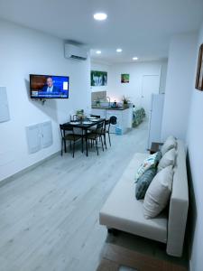 salon z kanapą i telewizorem na ścianie w obiekcie Apartamentos ZANCA CITY CENTER w Maladze
