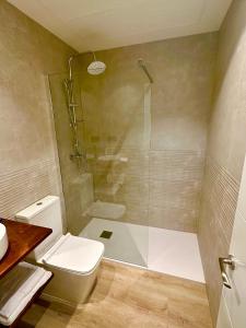 ein Bad mit einer Dusche, einem WC und einem Waschbecken in der Unterkunft Apartamentos Sunsets Málaga Centro in Málaga