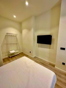 Schlafzimmer mit einem Bett und einem Flachbild-TV in der Unterkunft Apartamentos Sunsets Málaga Centro in Málaga