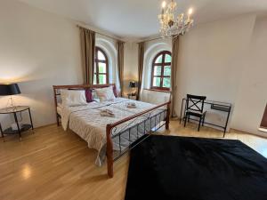 a bedroom with a bed and a chandelier at Dogs Resort and Spa in Horní Bezděkov