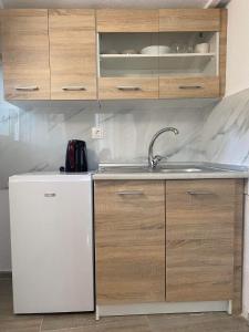 a kitchen with a sink and a white refrigerator at STUDIOS TASOS BI in Chrysi Ammoudia