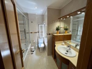 a bathroom with a sink and a toilet and a shower at León Confort Centro - leonapartamentos in León +22 photos