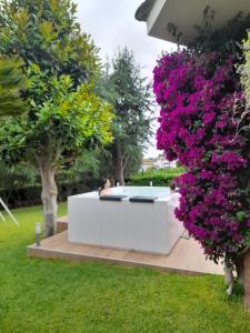 een bankje in een tuin met paarse bloemen bij Il Sogno delle Rondini in Palidoro