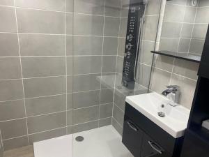 a bathroom with a sink and a shower at Gîte à la campagne in Beaux