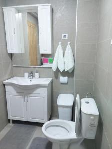 a bathroom with a white toilet and a sink at K2-SistersApartment in Podgorica