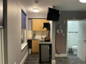 a small kitchen with a sink and a refrigerator at Small Double Studio close to King's Cross & Camden in London