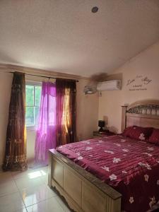 a bedroom with a bed with a purple comforter at JA-Spain Retreat in Spanish Town