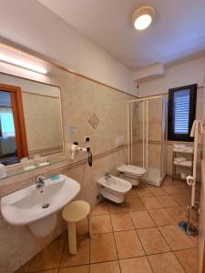 uma casa de banho com um lavatório, um WC e um chuveiro em Hotel Delle Isole em La Maddalena