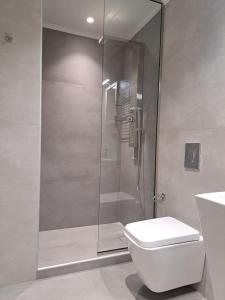W łazience znajduje się prysznic, toaleta i umywalka. w obiekcie Antigoni Apartment w mieście Suda