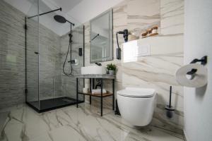 a bathroom with a shower and a toilet and a sink at GBU Home Timisoara in Timişoara