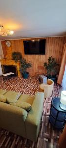 ein Wohnzimmer mit einem Bett und einem Kamin in der Unterkunft Casa al lado del Casino in Coihaique