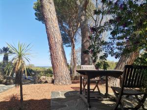 un tavolo da picnic e una panchina accanto ad alcuni alberi di Mas Senyarich ad Argelès-sur-Mer