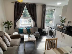 a living room with a couch and a washing machine at Luxury 1Bed Holiday Flat-10 Minutes from London Bridge & 3Mins walk to Lewisham DLR in London