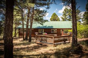 una cabaña de madera en el bosque con árboles en 66 Lake Forest Cr, en Pagosa Springs