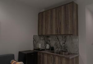 een keuken met een spoelbak en houten kasten bij Athens Jacuzzi apartment in Athene