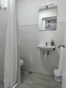 a bathroom with a sink and a toilet and a mirror at Alojamientos La Menúa in Los Badalejos