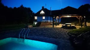 a house at night with a swimming pool in front of it at Horská chalupa Izerina in Zlatá Olešnice