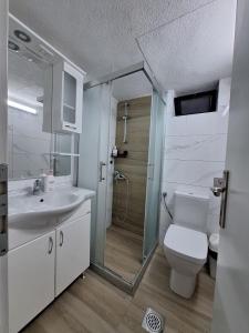 a bathroom with a toilet and a sink and a shower at Apartments Chemenko in Konsko +30 photos