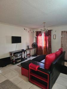 a living room with a couch and a flat screen tv at JA-Spain Retreat in Spanish Town