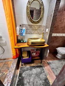 a bathroom with a sink and a mirror at Apartman Tuareg in Sarajevo