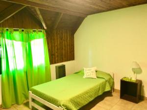 a bedroom with a green bed and a green curtain at ApartamentsLouis in El Bolsón