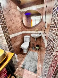 a bathroom with a toilet and a sink and a mirror at Apartman Tuareg in Sarajevo