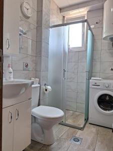 a bathroom with a toilet and a sink and a washing machine at Apartments Lakeside Elesec in Ohrid