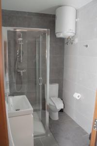 a bathroom with a shower and a toilet and a sink at Graziosa Penthouse in Il-Ħamrija