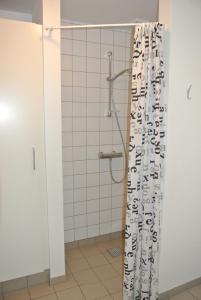 a bathroom with a shower with a shower curtain at Fitting Landsbyferie Apartments in Vorbasse