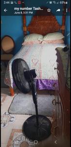 a fan sitting on the floor next to a bed at Fee easy studio in Black River