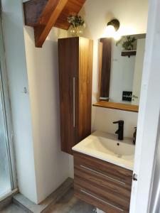 une salle de bains avec un lavabo et un meuble en bois dans l'établissement Casa amplia y luminosa, à San Carlos de Bariloche