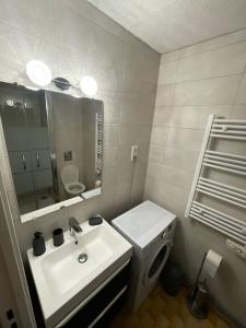La salle de bains est pourvue d'un lavabo, de toilettes et d'un miroir. dans l'établissement Studio Cabine Clim Wifi Parking Draps - 1 étoile - self check-in possible, à La Grande Motte