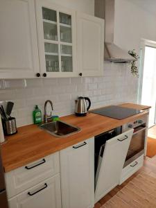 a kitchen with white cabinets and a sink at Ruralna kuća za odmor Julijana in Štrigova +11 photos