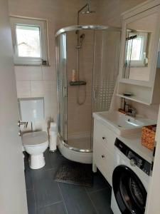 a bathroom with a shower and a toilet and a sink at Ruralna kuća za odmor Julijana in Štrigova