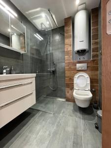 a bathroom with a shower and a toilet and a sink at MONGOOSE in Herceg-Novi