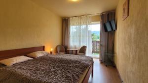 a bedroom with a bed and a tv and a window at Stropnica in Karpacz