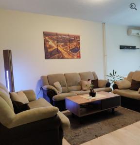 ein Wohnzimmer mit Sofas und einem Couchtisch in der Unterkunft Astra M in Vračar (historical)