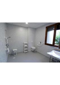 a bathroom with a toilet and a window at Hôtel Belleville in Lamalou-les-Bains