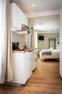 - une cuisine avec évier et un lit dans une chambre dans l'établissement L'Albatros 005 - Hypercentre * Cosy * Wifi, à Saint-Quentin