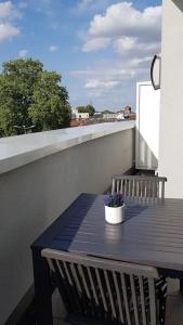 een tafel op een balkon met een potplant erop bij Penthouse Nähe Frankfurt am Main in Hanau am Main