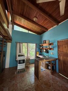 a kitchen with blue walls and a table and a stove at Aldos place in Playa Negra