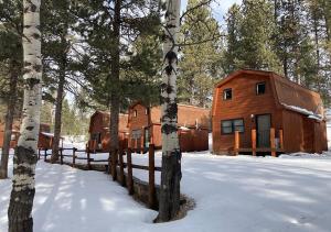 una cabaña de madera en el bosque en la nieve en Trailshead Lodge - Cabin 4 en Lead