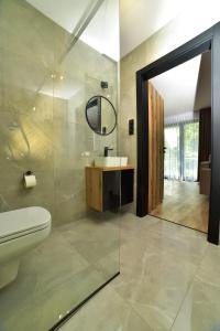 bagno con servizi igienici, lavandino e specchio di Za Górami a Wetlina
