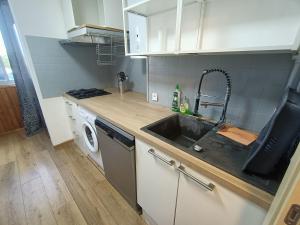 cocina con fregadero y lavadora en Appartement spacieux et bien équipé Hôpitaux Facultés en Montpellier