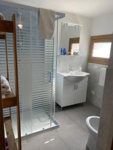 a bathroom with a glass shower and a sink at Villa Venezia in Torre di Mosto