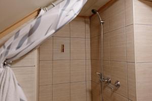 a shower with a glass door in a bathroom at Готель Яблуниця in Yablunytsya