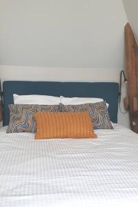łóżko z dwoma poduszkami na górze w obiekcie Sous les toits de Saint-Félix w mieście Nantes