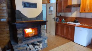 a kitchen with a stone fireplace in a kitchen at Domki Żaklin in Berezka