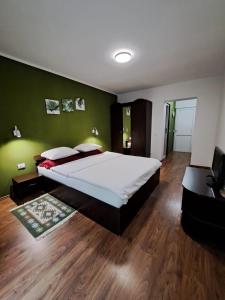 a bedroom with a large bed and a green wall at Pensiunea Păstrăvul in Cîrţişoara
