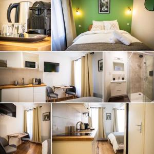 un collage de photos d'une chambre avec un lit et une cuisine dans l'établissement L'Albatros 002 - Hypercentre * Cosy * Wifi, à Saint-Quentin